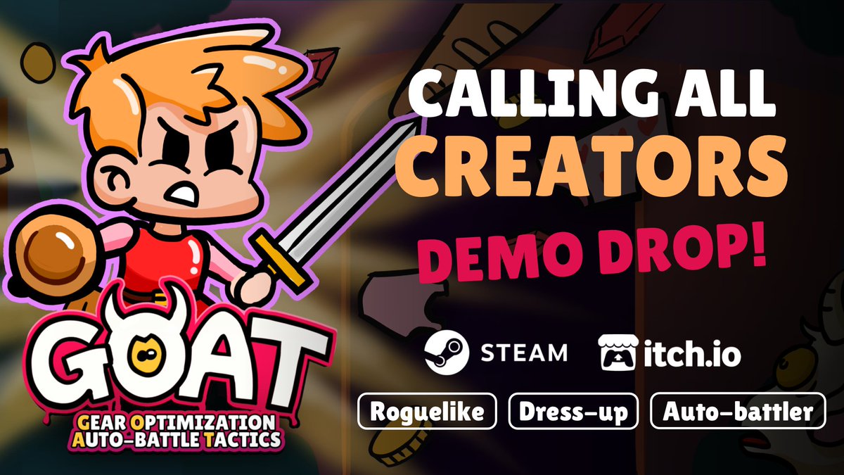 tobischna's tweet photo. ‼️ CALLING ALL CREATORS ‼️

I'll be dropping the demo of GOAT - a tiny #roguelike soon! I have a couple of preview keys available. Small creators welcome! ✨

👉 Tag your favourite creator (or yourself)

If you enjoy games like Dungeon Clawler or Overlooting, this is for you! 🩷 https://t.co/mecS3ZevKr