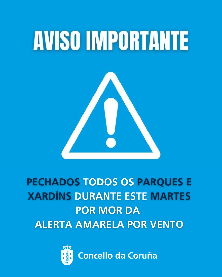 ConcelloCoruna's tweet photo. 🟡 AVISO | Os parques e xardíns da Coruña permanecerán pechados durante este martes por mor da alerta amarela por ventos e choiva

👉 Está previsto que volvan a abrirse mañá a primeira hora https://t.co/iKliZBko5p