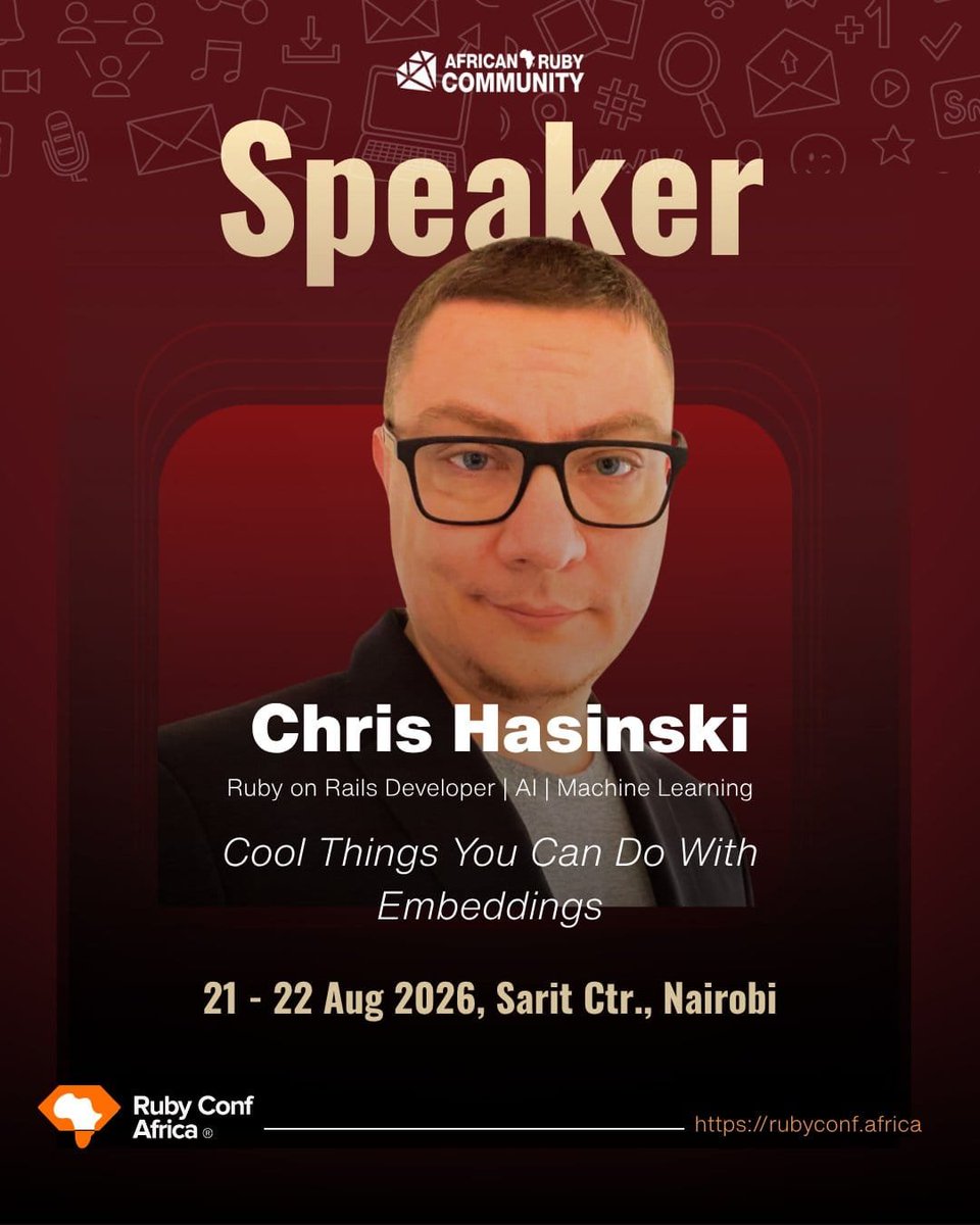 NairubyKE's tweet photo. What happens when Ruby meets AI? ๐ค
Embeddings open up new possibilities for working with information, search, and intelligent applications.
Tomorrow, @khasinski takes us through some cool things you can do with embeddings. ๐
#RCA2026 #RubyConfAfrica2026 #ARC #AfricanRuby https://t.co/onXulgKwdI