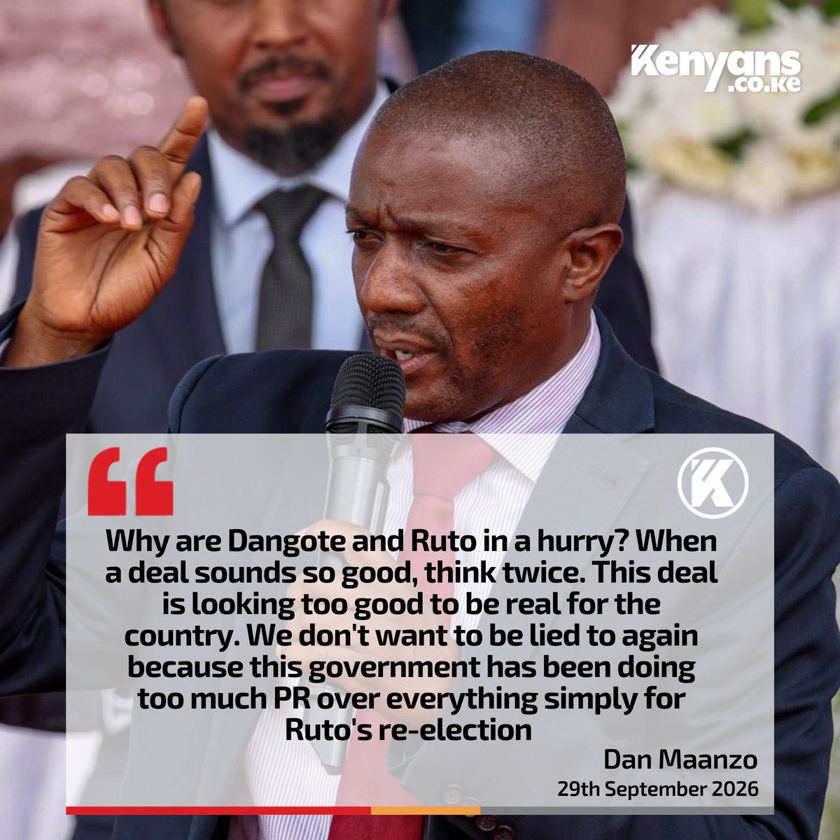 Kenyans's tweet photo. Why are Dangote and Ruto in a hurry? When a deal sounds so good, think twice - Dan Maanzo https://t.co/7RNxbfRdaC