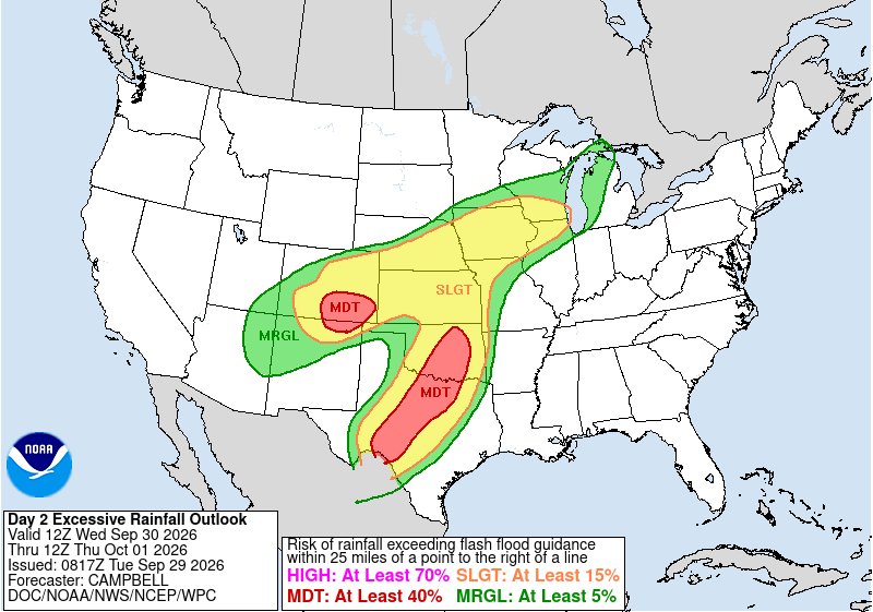 NWSWPC's tweet photo. A MODERATE risk is in effect in our Day 2 Excessive Rainfall Outlook. More details: https://t.co/cfgBoWyKla https://t.co/XGhJ9M6F50