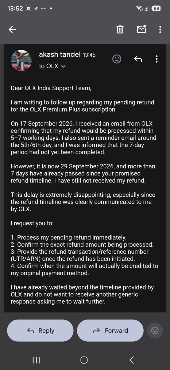 tandelakash7's tweet photo. @OLX_India You promised my ₹2,999 refund within 5–7 days on 17 Sept. It’s now 29 Sept—well past your deadline, and I still haven’t received it. Stop delaying and process my refund immediately. #OLX #Refund https://t.co/4tOqQJeBo3