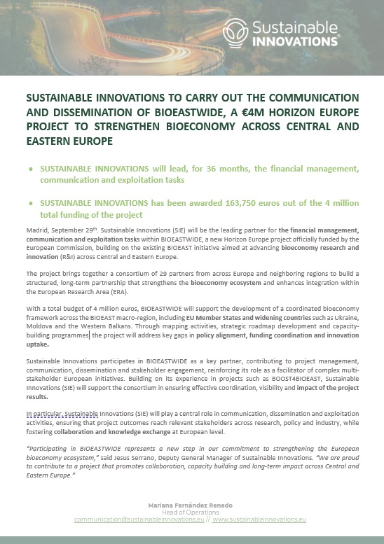 SustainableInnE's tweet photo. 📰 New Press Release: @SustainableInnE joins BIOEASTWIDE, a €4M Horizon Europe project strengthening the bioeconomy across Central &amp; Eastern Europe.

Over 36 months, we'll lead the financial management, communication &amp; exploitation tasks 
🔗 Read➕ https://t.co/nmS99fTckq https://t.co/EJXjH4m0zG