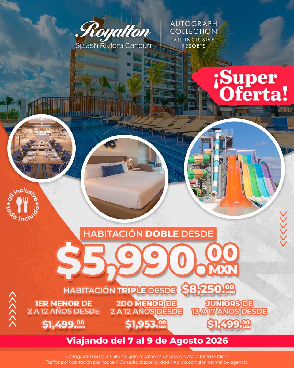 valldosantos's tweet photo. Vacaciones en Royalton Splash Riviera Cancún = diversión garantizada para toda la familia. Aprovecha esta súper oferta all inclusive y sorprende a tus clientes con una escapada llena de albercas, toboganes, gastronomía y momentos inolvidables https://t.co/YnsemUBNWm