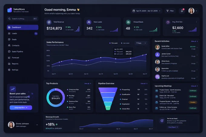 세일즈 CRM 대시보드 — 다크 네이비 KPI 카드와 파이프라인 퍼널