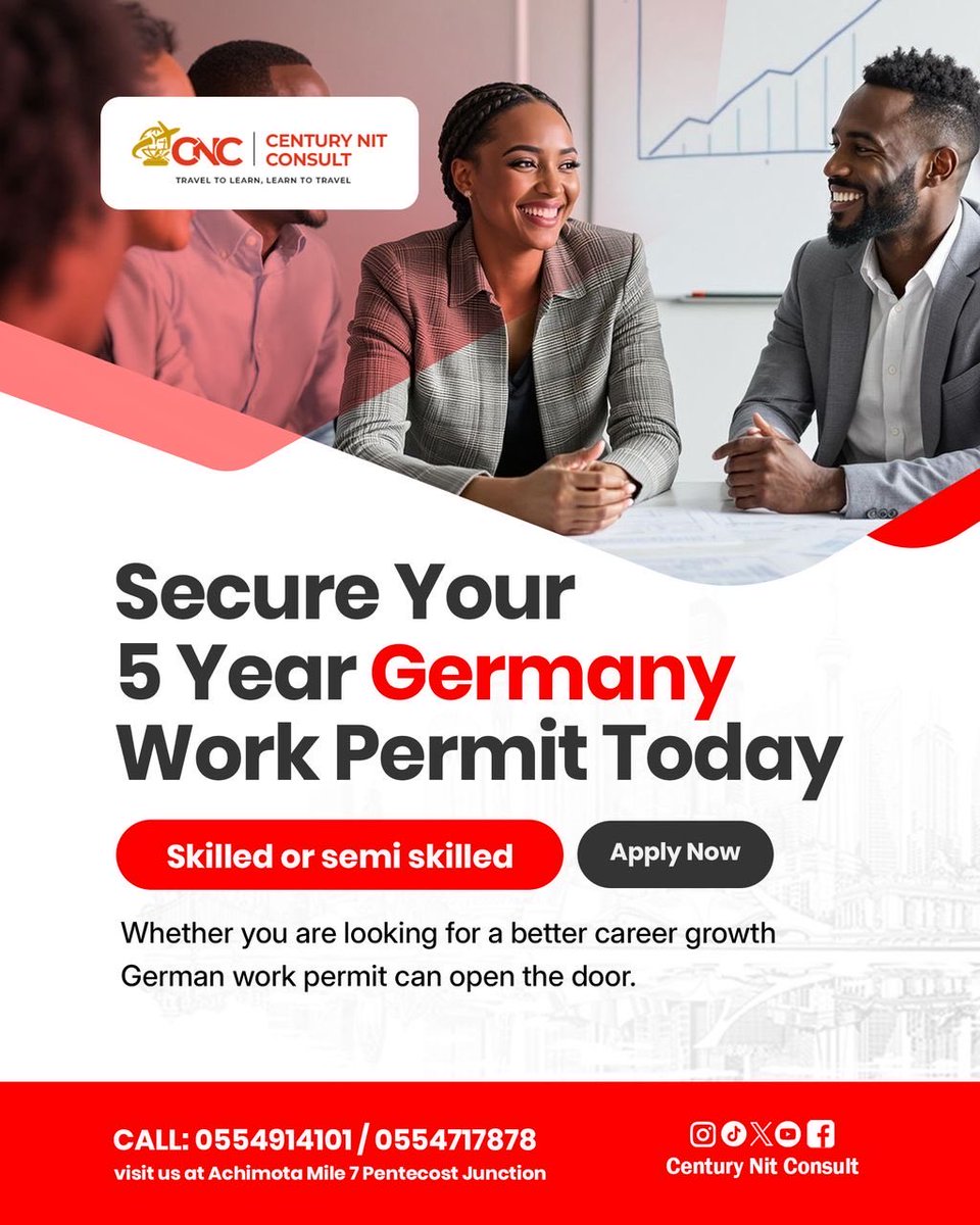 century_nit's tweet photo. Take your career beyond borders. Secure your 5-Year Work Permit in Germany and unlock new opportunities for growth, work, and a brighter future. 

For further enquiries call or WhatsApp
📲0554914101/0554717878
📍Achimota Mile 7 Pentecost Junction 

#cnc #workingermany #germany https://t.co/v2Zl9oTwcw