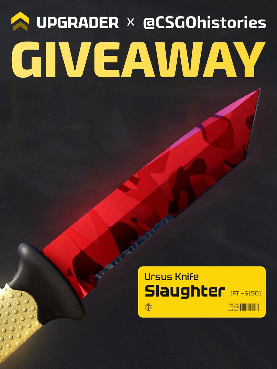CSGOhistories's tweet photo. CS2 Giveaway - Ursus Knife | Slaughter (FT) 🥶

- Follow @CSGOhistories &amp; @upgradercs
- Retweet
- Tag 1 friend 

One lucky winner will be picked within a week, good luck ✌️ https://t.co/PYSbbXTPEv