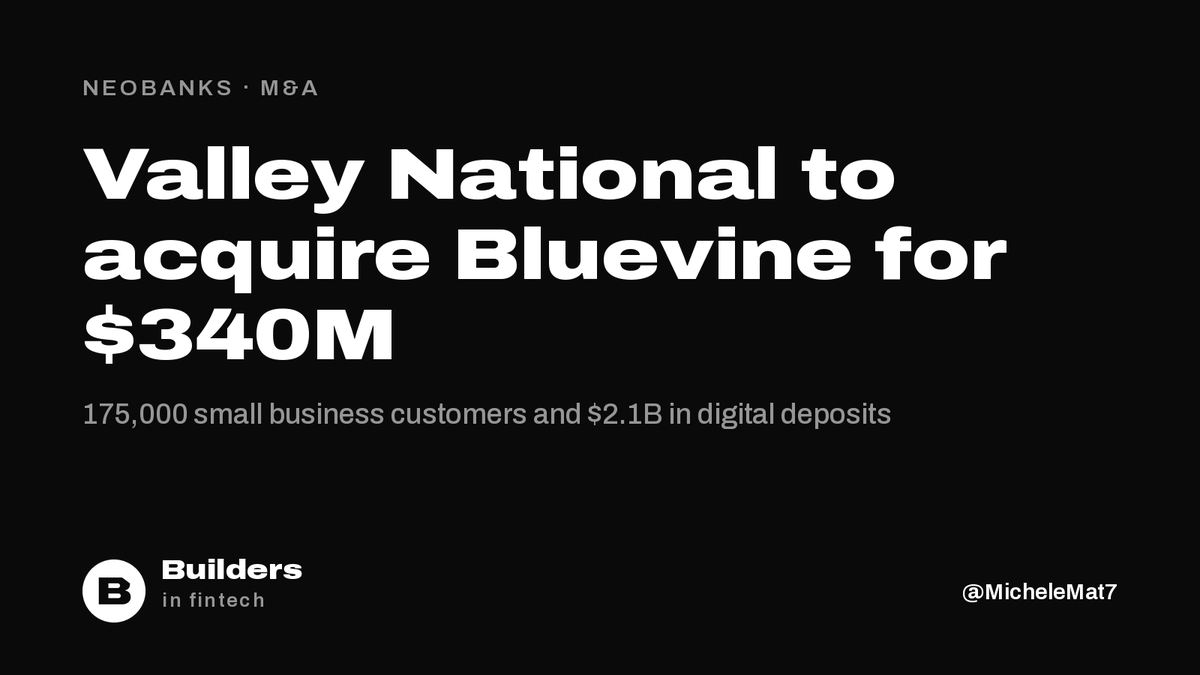 MicheleMat7's tweet photo. Valley National Bancorp agrees to acquire Bluevine for $340M, 75% cash, 25% stock.

Bluevine brings 175,000 small business customers and $2.1B of deposits, 99% from customers who don't borrow. CEO Eyal Lifshitz will run Valley's small business banking. Closes early 2027. https://t.co/DMTrMiTIJT