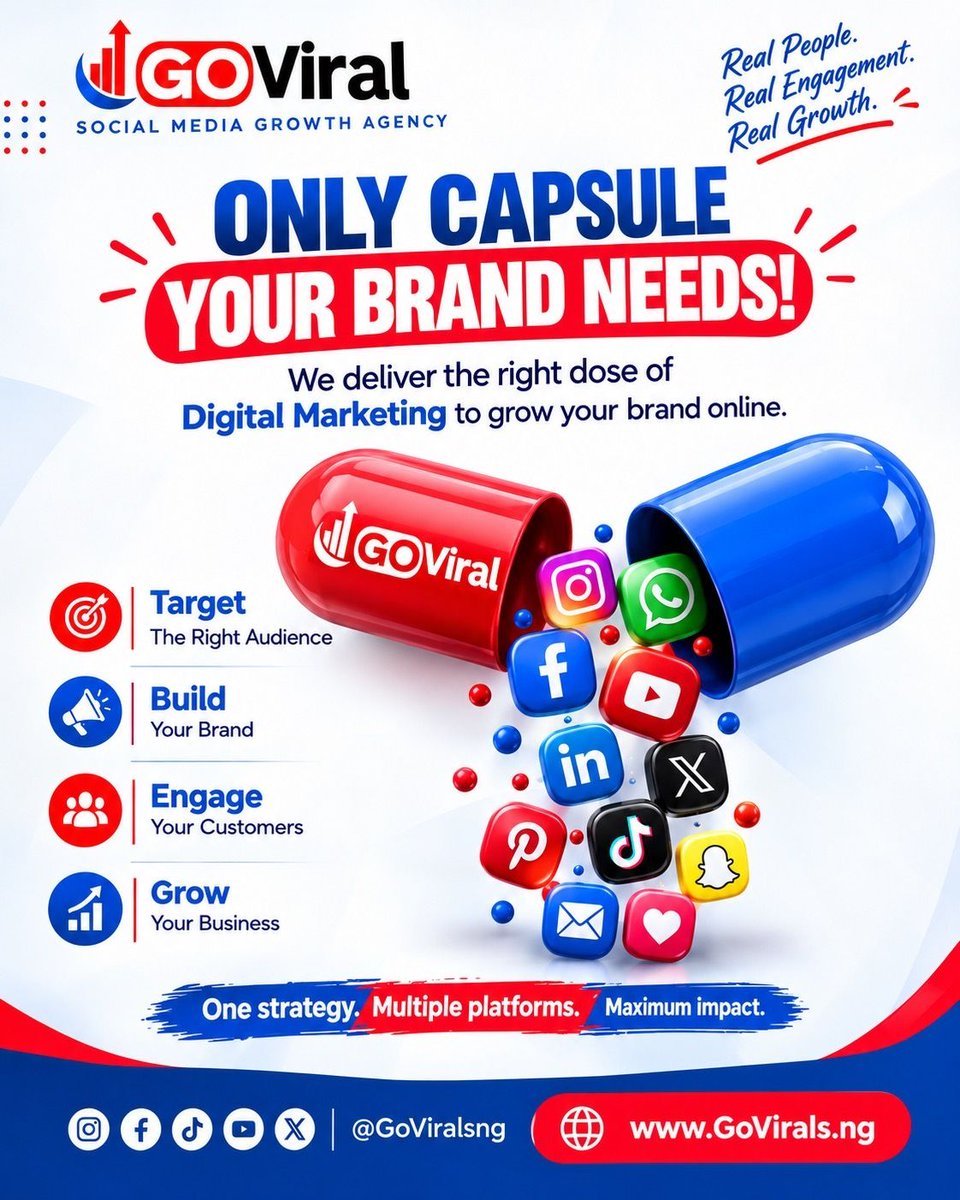 goviralsng's tweet photo. 🚀 Only the right dose for your brand!

Target the right audience 🎯
Build your brand 📣
Engage customers 🤝
Grow your business 📈

One strategy. Multiple platforms. Maximum impact.

🌐 https://t.co/uUjIQn0hn2 | @GoViralsng

#GoVirals #DigitalMarketing #BrandGrowth https://t.co/svDAX8slX0