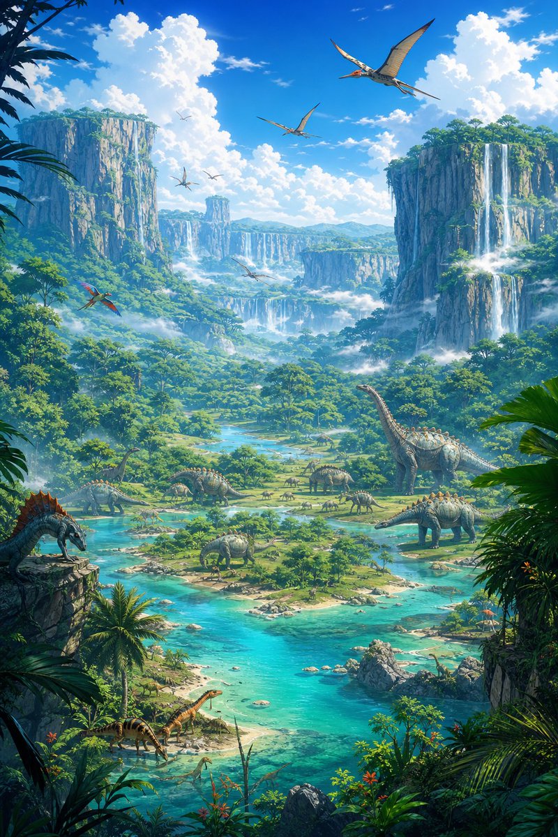 LofivibesbyGZU's tweet photo. Beyond the last waterfall lies a valley untouched by time—turquoise rivers, endless green, and giants wandering beneath an open sky. Some discoveries don’t ask to be conquered, only witnessed. 🦕🌿

#FantasyArt #DigitalArt #AnimeArt #LostWorld #PrehistoricFantasy #Worldbuilding https://t.co/hmot0N1EiV