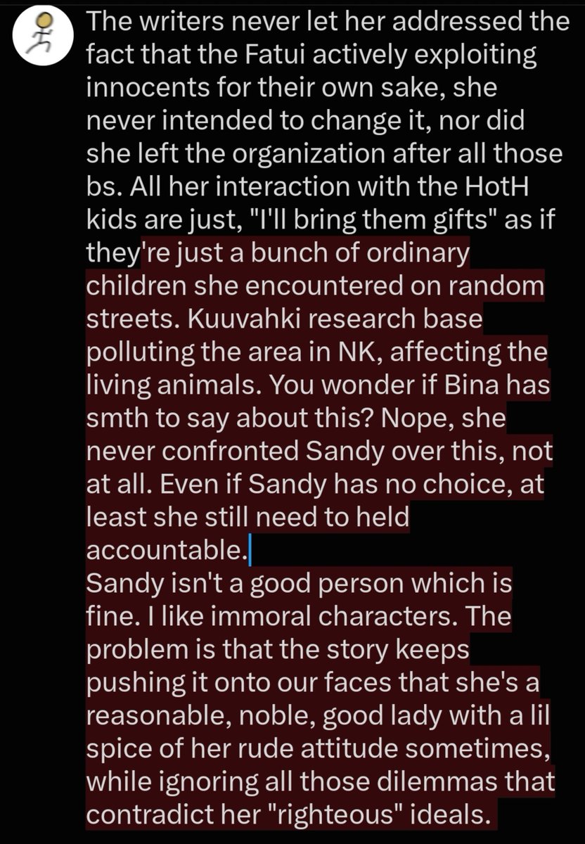 Zer1ya's tweet photo. @Zenolb31tx @hambagasuki HotH is Fatui's institution, NOT Arlecchino's. Arle literally want to separate it away from the Fatui. If Arle really is Sandy's best tea-party-buddy friend, why she never do anything to help Arle with her goal, or at least express her concern about this problem? https://t.co/6gbGA5P6SF