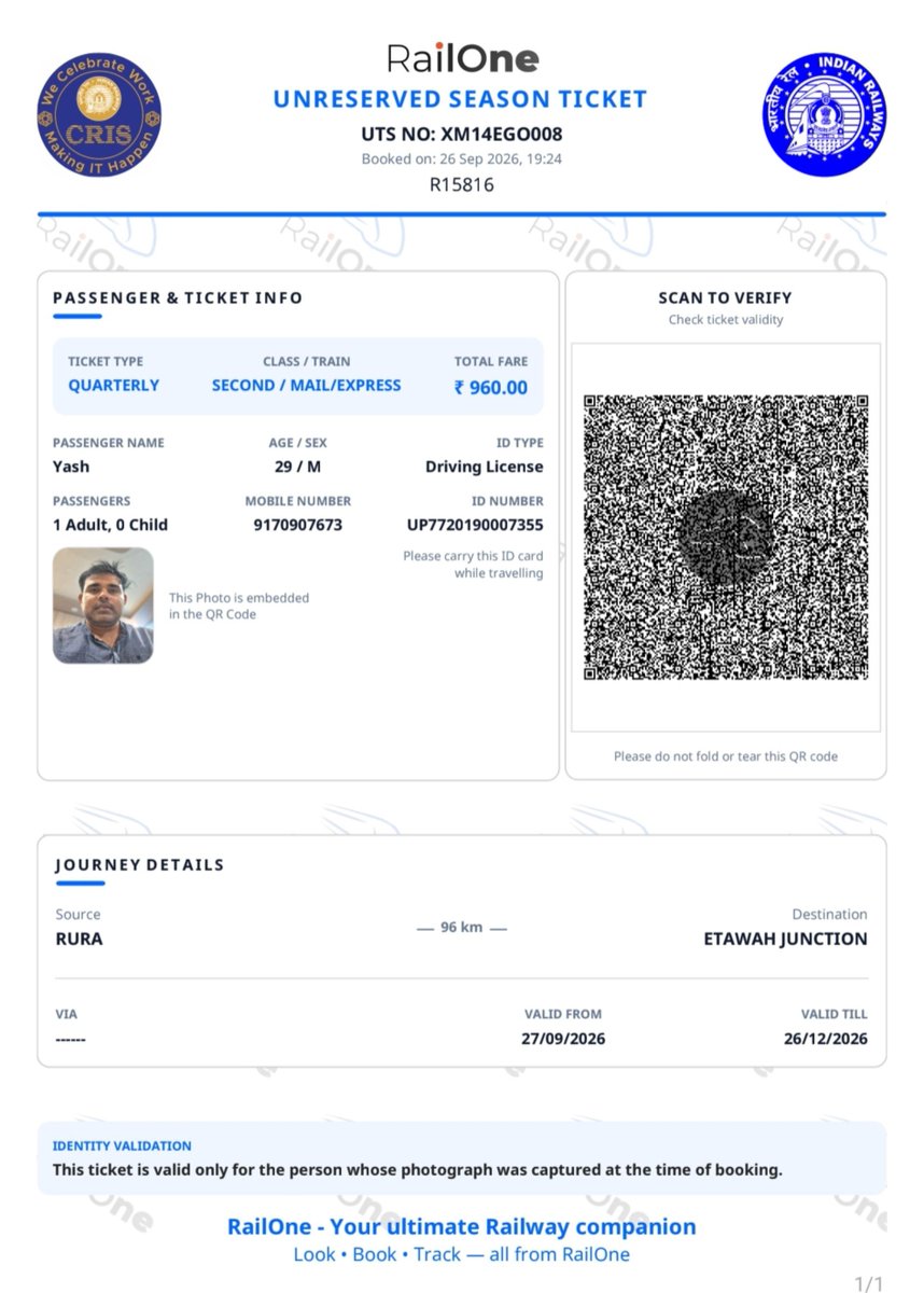 yasshyadav's tweet photo. @IRCTCofficial @RailMadad My RailOne ID: Yash Kumar Yadav but Season Ticket shows only "Yash". UTS No [XM14EGO008]. Pls correct to full name to avoid TTE issue. #RailOne https://t.co/UPY3awDmXU