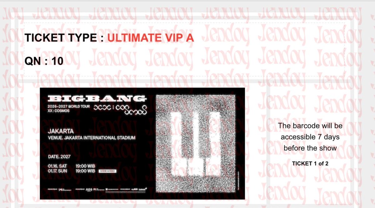 thisisnotjeni's tweet photo. WTS / Want to sale

BIGBANG 2026-2027 WORLD TOUR < XX : COSMOS > IN JAKARTA (ADDITIONAL SHOW) DAY 2 

ULTIMATE VIP A 10x - 10x 
CAT 6B 

✅VERIFIED SELLER (titip jual) 
✅ EXCHANGE TO WRISTBANDS 
✅ INSTALLMENT 
✅ INTERNATIONAL BUYER 
✅ ALL PROOF
✅ Testimonies please check our pinned post

Interested pls dm us or whatsapp link in bio 

#BIGBANG #COSMOS_WORLD_TOUR #COSMOS_WORLD_TOUR_IN_JAKARTA #BIGBANG_IS_BACK #20thAnniversary #YG  #BIGBANGinJAKARTA