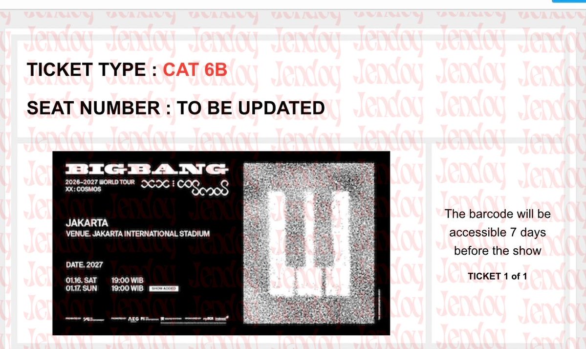 thisisnotjeni's tweet photo. WTS / Want to sale

BIGBANG 2026-2027 WORLD TOUR < XX : COSMOS > IN JAKARTA (ADDITIONAL SHOW) DAY 2 

ULTIMATE VIP A 10x - 10x 
CAT 6B 

✅VERIFIED SELLER (titip jual) 
✅ EXCHANGE TO WRISTBANDS 
✅ INSTALLMENT 
✅ INTERNATIONAL BUYER 
✅ ALL PROOF
✅ Testimonies please check our pinned post

Interested pls dm us or whatsapp link in bio 

#BIGBANG #COSMOS_WORLD_TOUR #COSMOS_WORLD_TOUR_IN_JAKARTA #BIGBANG_IS_BACK #20thAnniversary #YG  #BIGBANGinJAKARTA
