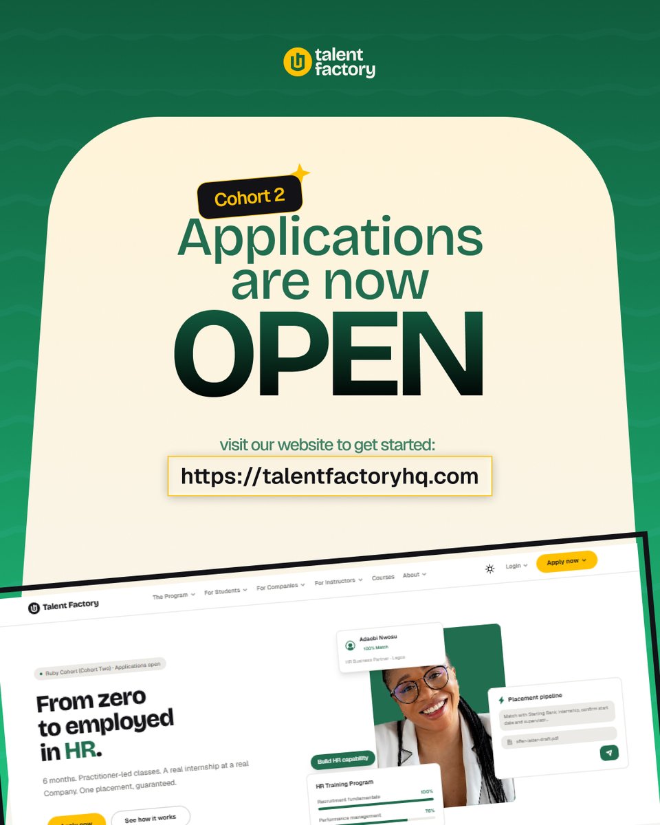 TalentFactoryHQ's tweet photo. 🚨 COHORT 2 IS OPEN!

Want to start a career in HR?
Transition into HR?
Get actual HR experience?
This is for you. 👀

12 weeks of practical HR training.
12 weeks of internship placement.

Learn HR. Practise HR. Experience HR.
Apply now 👇🏽 https://t.co/1PfvWfQyWU https://t.co/03XmLOqROu