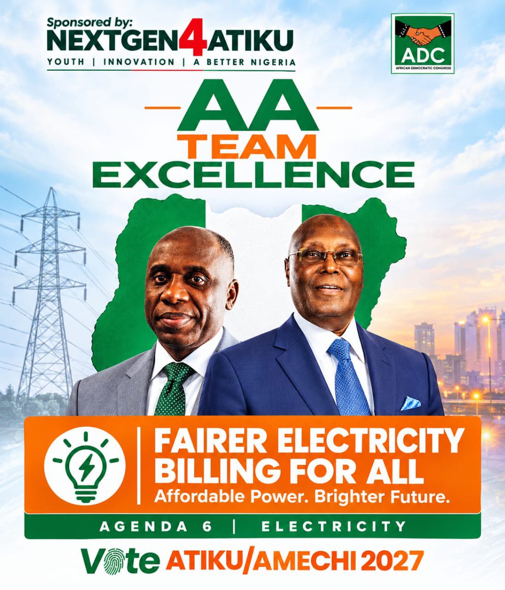 PRINCEOdafeEJ's tweet photo. Fairer electricity billing for all. 
Support and vote Atiku Abubakar for president. 

#Vote👍🤝ADC2027
#MakeNigeriaMoreAfordable
#NextGen4Atiku https://t.co/qp6vmrwsL7