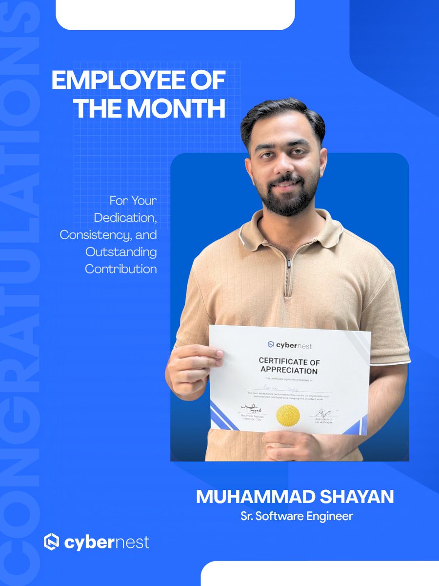 CyberNestLtd's tweet photo. Some people follow the process. Others rewrite it.
Congratulations to our Employees of the Month! ✨
#CyberNest #EmployeeOfTheMonth #LifeAtCyberNest #BeyondOrdinary #TeamExcellence #Innovation #CelebrateGreatness #WorkCulture #TogetherWeGrow #NextLevel https://t.co/HXGkcOGKS9