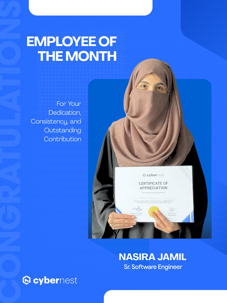 CyberNestLtd's tweet photo. Some people follow the process. Others rewrite it.
Congratulations to our Employees of the Month! ✨
#CyberNest #EmployeeOfTheMonth #LifeAtCyberNest #BeyondOrdinary #TeamExcellence #Innovation #CelebrateGreatness #WorkCulture #TogetherWeGrow #NextLevel https://t.co/HXGkcOGKS9