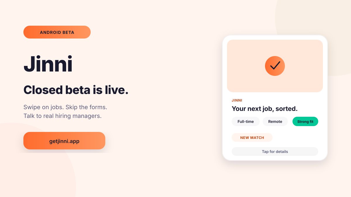 Jinni_tech's tweet photo. Our Android closed beta is live.

Swipe on jobs, skip the forms, talk straight to hiring managers. No black hole.

https://t.co/zWknS5CcLu

#NigeriaJobs #TechJobsNG https://t.co/zNH5w3Qu75