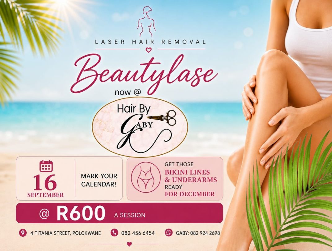 Pages_Potties's tweet photo. ✨ Smooth and confident starts here! Beautylase laser hair removal is now at Hair By Gaby, Polokwane. 🌴 Only R600/session - perfect for the holiday prep! 📍4 Titania St Book now: 082 456 6454 #PolokwaneBeauty #LaserCare #HolidayReady https://t.co/sesUsWN2zg
