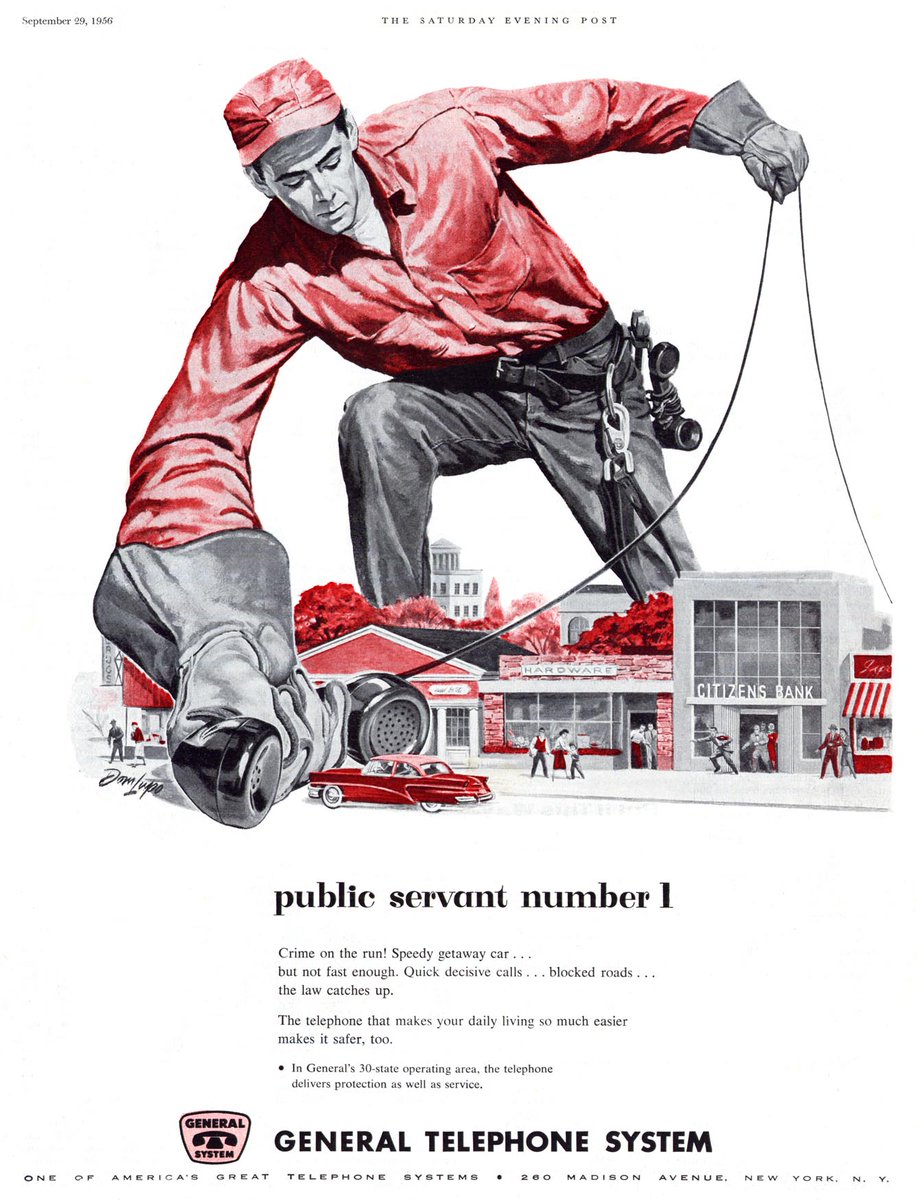 LRonLacy's tweet photo. ‘Crime on the run! Speedy getaway car . . . but not fast enough. Quick decisive calls . . . blocked roads . . . the law catches up.’
General Telephone System
*The Saturday Evening Post*, September 29, 1956
#GeneralTelephoneSystem #telephone #telecommunications #crime https://t.co/FX2RuCZtmj