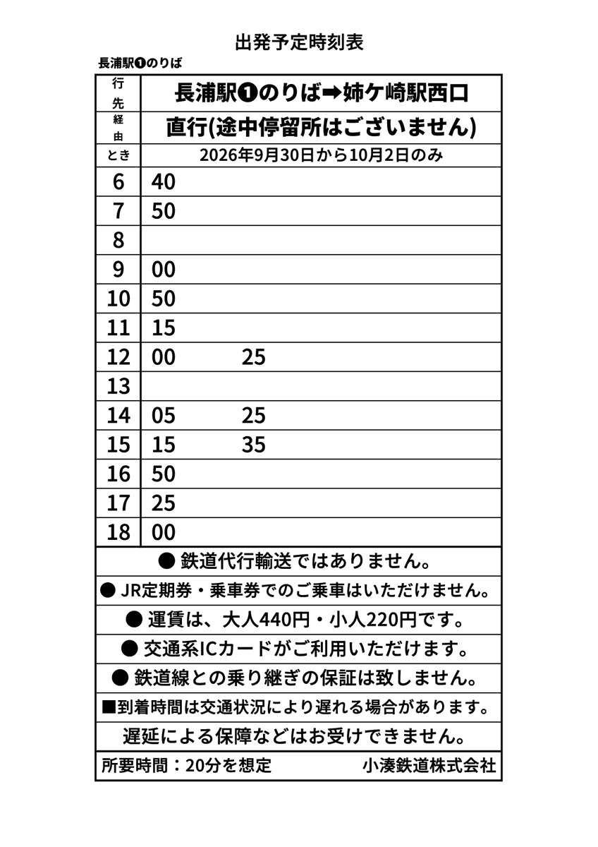 kominatorailway's tweet photo. 【長浦駅〜姉ケ崎駅 臨時バス運行のご案内（9/30〜10/2）】
JR線の一部区間不通に伴う移動手段として、期間限定で「長浦駅〜姉ケ崎駅」間に臨時バスを運行いたします。
https://t.co/NXXY3w8x38

■ 運行期間
2026年9月30日(水) 〜 10月2日(金)

■ 運行区間
長浦駅 ⇄ 姉ケ崎駅（所要時間：片道約20分想定）

■ 運賃
大人 440円 ／ 小人 220円
※交通系ICカードもご利用いただけます。

■ ご利用にあたっての注意事項
・本バスは小湊鉄道���乗合バスとしての運行です。JRの乗車券や定期券ではご乗車いただけません。
・姉ケ崎駅を発着するJR線との乗り継ぎ考慮は行っておりません。
・道路状況により遅延が発生する場合がございます。時間に余裕をもってご利用ください。
・JR東日本の「鉄道代行バス」とは異なりますのでご注意ください。
・詳細は冒���の公式HPよりご確認ください。