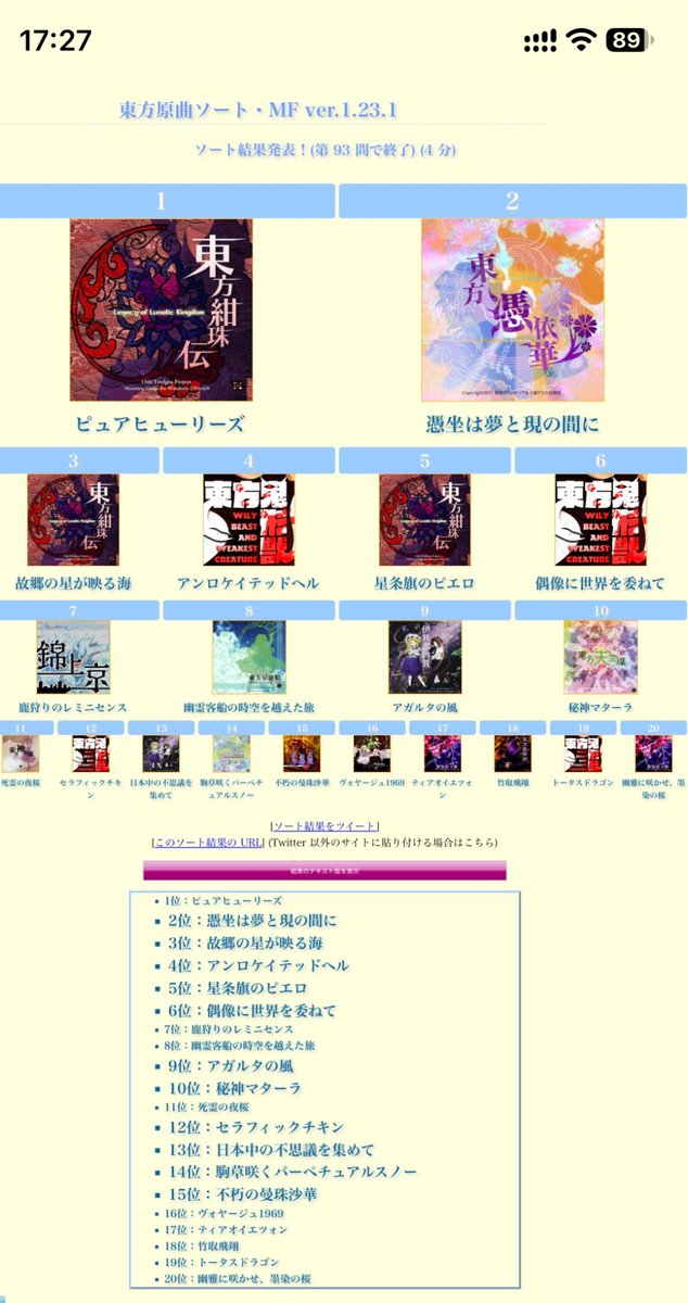 kenty8988's tweet photo. 東方原曲ソート結果！

1位：ピュアヒューリーズ
2位：憑坐は夢と現の間に
3位：故郷の星が映る海
4位：アンロケイテッドヘル
5位：星条旗のピエロ
6位：偶像に世界を委ねて
7位：鹿狩りのレミニセンス
8位：幽霊客船の時空を越えた旅
9位：アガルタの風
10位：秘神マターラ https://t.co/hB1gpXJzne