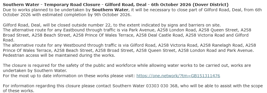 KentHighways's tweet photo. Deal, Gilford Road: Closed for 4 days from 6th October to allow for works by @SouthernWater : https://t.co/3XKwn1wYmA https://t.co/OCMLbm5T1i