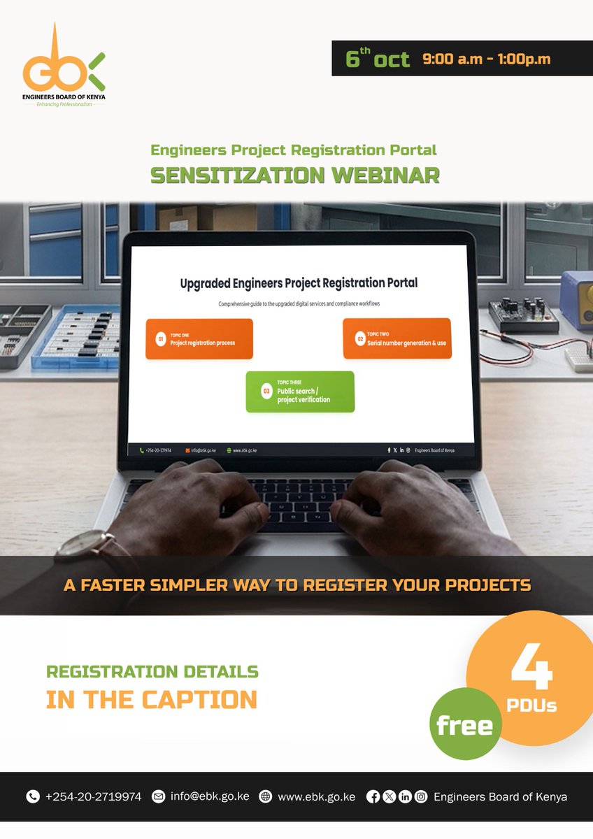 EngineersBoard's tweet photo. Engineers, have you registered your projects on the upgraded Engineers Project Registration Portal?

Join EBK’s Engineers Project Registration Portal Sensitization Webinar on 6 October 2026, from 9:00am–1:00pm.

Learn about:
🔹 Project registration process
🔹 Serial number generation & use
🔹 Public search/project verification

EVENT DETAILS:
💻 Virtual webinar 
 🎓 4 PDUs 
ACCESS: Free

Registration details: https://t.co/EoYEi6MdKV

#EngineeringProfessionalism