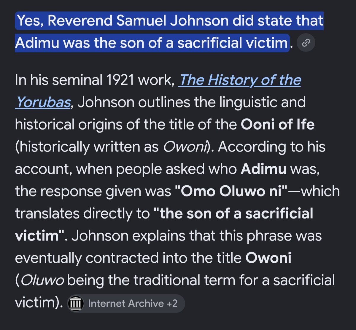 Wale_avatar's tweet photo. @Achilles0055199 @Edocentric_ @Sessy1909 He is being sneaky. S Johnson (oyocentric)  said Adimu was the son of the sacrificial victim - Oba Benin is son of adimula.
Hence, he instead posted page from G O George which relied on an Ijesha myth during the era of Oyo and Ijesha challenging Ife's political authority. https://t.co/avZtPw4GHq