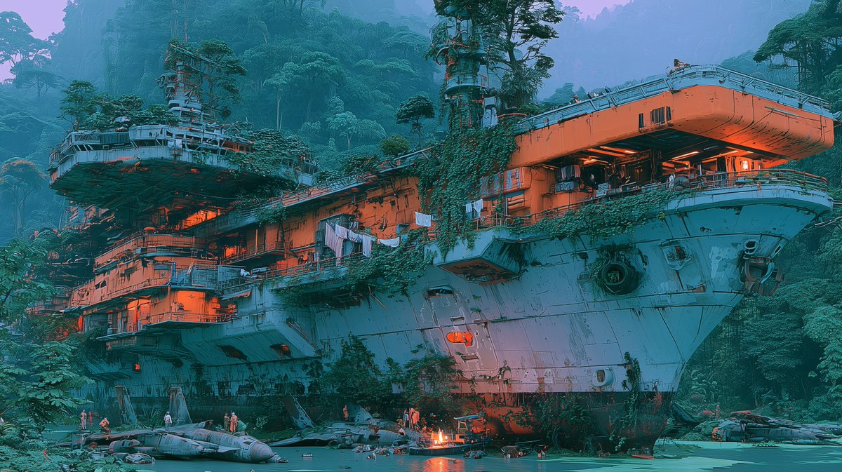 AutomationBrief's tweet photo. AUTOMATA — vol.008 — "what grew back"

Year 24 of the Handover.
the carrier never sailed again. the jungle took the deck, we took the hangars.
laundry where the jets used to launch. a fire where the engines cooled.
nobody remembers whose war it was.

#AIart #conceptart #scifi https://t.co/EXdlPNQNQ1