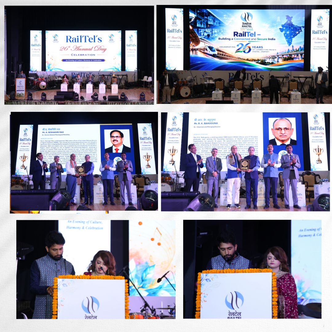 RailTel's tweet photo. Celebrating 26 years of growth, innovation and digital transformation!

RailTel marked its 26th Annual Day at Manekshaw Centre, New Delhi, in the gracious presence of Sh. Satish Kumar, Chairman & CEO, Railway Board; Sh. Vivek Kumar Gupta, Member (Infrastructure), Railway Board; Sh. Shailesh Gupta, Additional Member (Telecom), Railway Board; Sh. Rajesh Kumar Pandey, GM/Northern Railway; and senior officials from the Railway Board, Ministries and PSUs.

Welcoming the gathering, Sh. Sanjai Kumar, CMD/RailTel, reflected on RailTel’s remarkable journey and its growing role in India’s digital infrastructure landscape.

Sh. Vivek Kumar Gupta congratulated Team RailTel on its achievements and highlighted the opportunities ahead for further growth. Addressing the gathering, Sh. Satish Kumar appreciated RailTel’s instrumental role in the digital transformation of Indian Railways and its potential to drive technology-led transformation in the years ahead.

The occasion also celebrated the people behind RailTel’s success, with awards presented to individuals and teams for their outstanding contributions. Sh. V. Rama Manohara Rao, Director (Finance), RailTel, delivered the Vote of Thanks and expressed gratitude to the dignitaries, guests, employees and well-wishers for their continued support.
The evening came alive with cultural performances, including soulful Bhajan Jamming by RailTel employees and family members, an enchanting Sufi musical performance led by Sh. Manoj Tandon, DPOM/RailTel, a graceful Odissi performance by a team from Odisha-based NGO Adruta, and an engaging Kathak performance by the Kathaki Group from Mumbai.

As RailTel completes 26 years, it moves forward with renewed commitment to innovation, excellence and building a digitally empowered India.

#RailTel #RailTelAnnualDay #26YearsOfRailTel #DigitalIndia #DigitalTransformation #IndianRailways