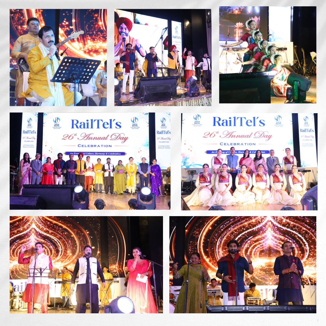 RailTel's tweet photo. Celebrating 26 years of growth, innovation and digital transformation!

RailTel marked its 26th Annual Day at Manekshaw Centre, New Delhi, in the gracious presence of Sh. Satish Kumar, Chairman & CEO, Railway Board; Sh. Vivek Kumar Gupta, Member (Infrastructure), Railway Board; Sh. Shailesh Gupta, Additional Member (Telecom), Railway Board; Sh. Rajesh Kumar Pandey, GM/Northern Railway; and senior officials from the Railway Board, Ministries and PSUs.

Welcoming the gathering, Sh. Sanjai Kumar, CMD/RailTel, reflected on RailTel’s remarkable journey and its growing role in India’s digital infrastructure landscape.

Sh. Vivek Kumar Gupta congratulated Team RailTel on its achievements and highlighted the opportunities ahead for further growth. Addressing the gathering, Sh. Satish Kumar appreciated RailTel’s instrumental role in the digital transformation of Indian Railways and its potential to drive technology-led transformation in the years ahead.

The occasion also celebrated the people behind RailTel’s success, with awards presented to individuals and teams for their outstanding contributions. Sh. V. Rama Manohara Rao, Director (Finance), RailTel, delivered the Vote of Thanks and expressed gratitude to the dignitaries, guests, employees and well-wishers for their continued support.
The evening came alive with cultural performances, including soulful Bhajan Jamming by RailTel employees and family members, an enchanting Sufi musical performance led by Sh. Manoj Tandon, DPOM/RailTel, a graceful Odissi performance by a team from Odisha-based NGO Adruta, and an engaging Kathak performance by the Kathaki Group from Mumbai.

As RailTel completes 26 years, it moves forward with renewed commitment to innovation, excellence and building a digitally empowered India.

#RailTel #RailTelAnnualDay #26YearsOfRailTel #DigitalIndia #DigitalTransformation #IndianRailways