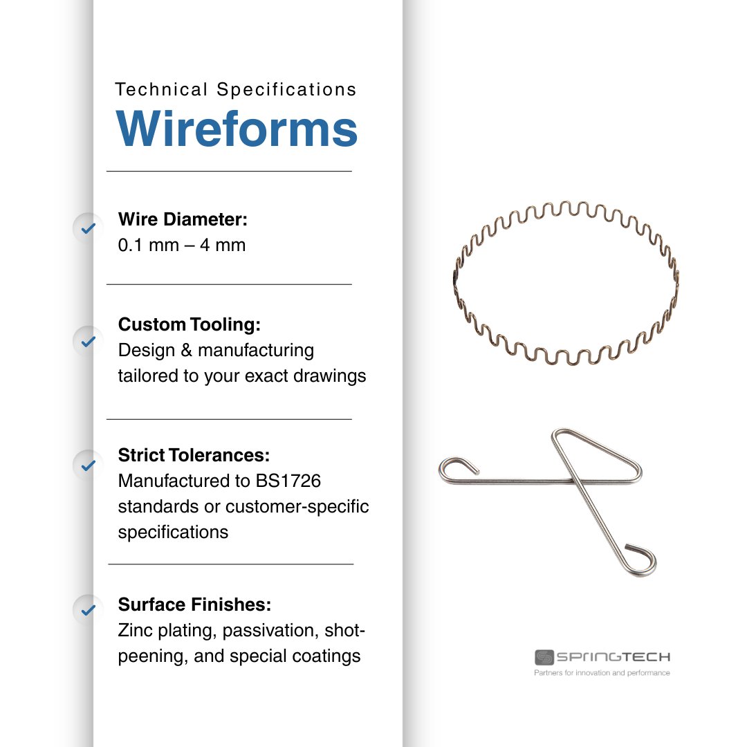 Springtech_UK's tweet photo. #Wireforms - manufactured exactly how you need them. ✔️

We work with round &amp; square wire across profiles &amp; finishes, for tension, retention, movement &amp; static applications.

Certified to AS9100D &amp; ISO 9001, giving you confidence in quality, consistency &amp; traceability. https://t.co/f12SaQsy6X