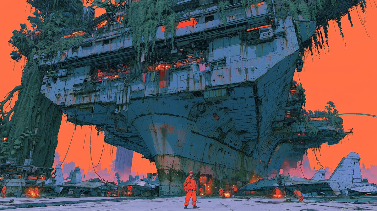 AutomationBrief's tweet photo. AUTOMATA — vol.008 — "what grew back"

Year 24 of the Handover.
the carrier never sailed again. we moved into its ribs.
laundry on the gun decks, fires under the hull, the old jets parked where they fell.
someone still stands watch. nobody remembers why.

#AIart #conceptart #scifi