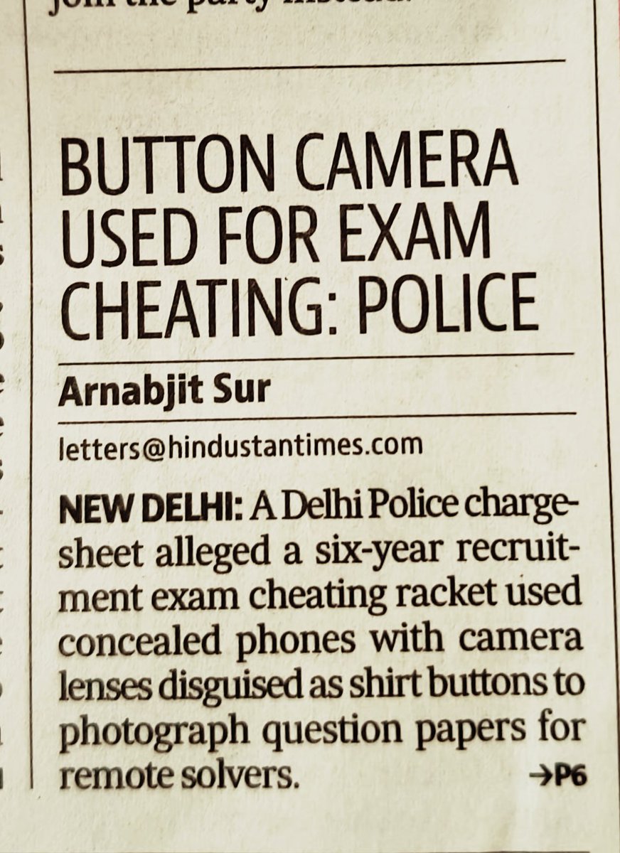 aarnobs's tweet photo. #Exclusive: The first paper cheating related chargesheet filed by Delhi Police before a fast track court explains how a button camera method used by candidates helped cops unearth an organised racket operating since 2020. @htTweets https://t.co/BJ2ZfpYJzF