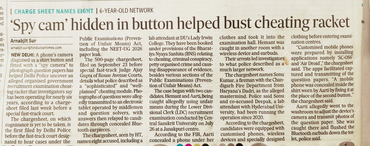 aarnobs's tweet photo. #Exclusive: The first paper cheating related chargesheet filed by Delhi Police before a fast track court explains how a button camera method used by candidates helped cops unearth an organised racket operating since 2020. @htTweets https://t.co/BJ2ZfpYJzF
