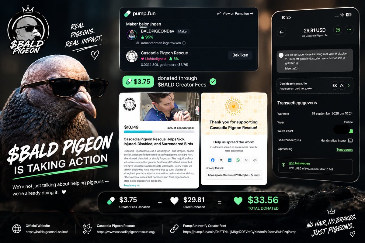 BALDPIGEONtx's tweet photo. 🧑‍🦲🕊️ $BALD PIGEON IS TAKING ACTION

We’re not just talking about helping pigeons — we’re already doing it. ❤️

🕊️ $3.75 donated through $BALD Creator Fees
❤️ $29.81 additional direct donation
💰 $33.56 TOTAL
The $3.75 Creator Fee donation can be verified directly through Pump fun:
https://t.co/w6zRbca0Ro

🌐 Official Website:
 https://t.co/MRFONIh3EA

🕊️ Cascadia Pigeon Rescue:
 https://t.co/B0aLK68xsI

💰 Fundraiser:
 https://t.co/OU3NpK7bAH
NO HAIR. NO BRAKES. JUST PIGEONS. 🧑‍🦲🕊️🔥