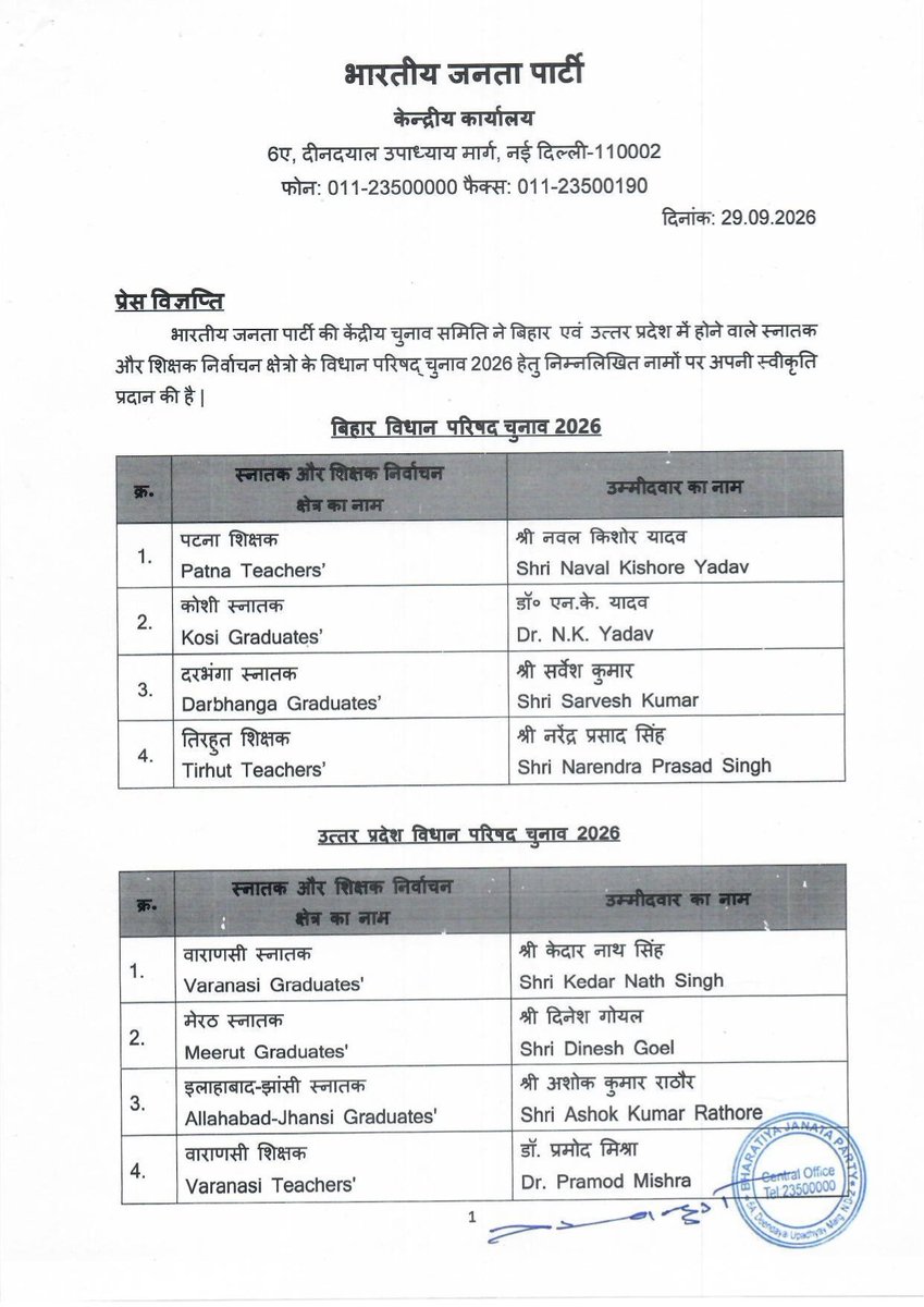 samrat4bjp's tweet photo. बिहार विधान परिषद के स्नातक एवं शिक्षक निर्वाचन क्षेत्रों के चुनाव-2026 हेतु भाजपा की केंद्रीय चुनाव समिति द्वारा घोषित सभी प्रत्याशियों को हार्दिक बधाई एवं विजय की अग्रिम शुभकामनाएँ। https://t.co/gMnEpE6Hrb