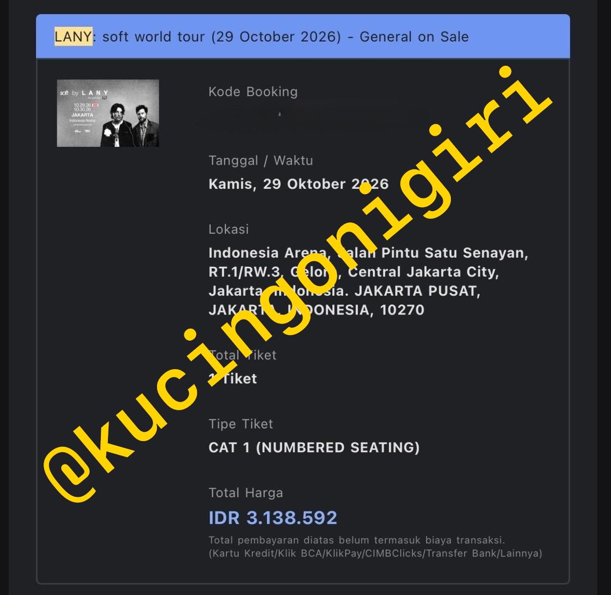 kucingonigiri's tweet photo. wts lany day 1 (29 okt), bantuin temen yg gajadi karena masih di bukittinggi ‼️
- cat 1
- 1 tix
- underprice, 3.1 jadi 2.8 aja
- proof lainnya boleh vc
yg minat dm aja yaa ntar aku kasih kontaknya https://t.co/DWu8WRI8iK