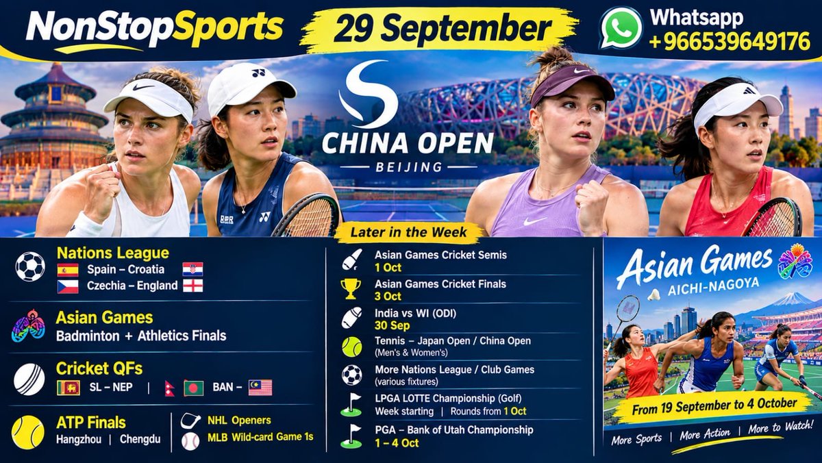 NSE2023's tweet photo. 29 Sep #NonStopSports: Spain–Croatia, Czechia–England, Asian Games, Hangzhou & Chengdu finals.
WhatsApp +966539649176
#AsianGames2026 #NationsLeague #UNL #Cricket #Tennis #Badminton #ESPvsCRO #CZEvsENG #SCOvsSUI #SLvsNEP #BANvsMAS #Athletics #HangzhouOpen #ChengduOpen #ChinaOpen #JapanOpen #NHLOpeningNight #MLBPlayoffs