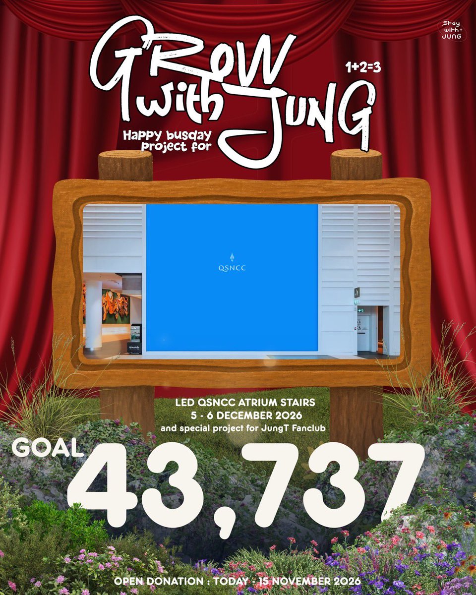StaywithJUNG's tweet photo. 🪞✨ GROW WITH JUNG — Happy BUSDAY 1+2=3 Project for JUNGT ✨🪞

📣 𝗢𝗽𝗲𝗻 𝗱𝗼𝗻𝗮𝘁𝗶𝗻𝗴 𝗻𝗼𝘄! 💸
🖇️ : https://t.co/rRwh2Cr7hp 

🎯𝗚𝗼𝗮𝗹 : 43,737
🖥️ : LED QSNCC ATRIUM STAIRS 5-6 DEC 2026 
and special project for JUNGT fanclub 

🦊 DONATION GIVEAWAY 🌱
- GRIPTOK MAGSAFE 473 บาท (ได้รับเมื่อโดเนท 473 บาท 73 คนแรก + มีสิทธิ์ลุ้นรับ T-HUG YOU 40 cm จำนวน 3 ตัว)
- FLUFFY CARD HOLDER 350 บาท 
- FACE STRING POUCH (16*16 CM.) 390 บาท
- T - HUG YOU (40 CM.) BIG FLAT CUSHION 1,290 บาท

[ หลังหักค่าใช้จ่าย ยอดโดเนททั้งหมดจะถูกนำเข้าไปใช้ภายในโปรเจกต์ ]

🏦 : ธนาคารกรุงไทย
036-0-33311-7
BENJAWAN W.

🗓️  : Donation Period 
ตั้งแต่วันนี้ – 15 พฤศจิกายน 2026

⏰ : Donation Update
ทุกวัน จันทร์ / พุธ / ศุกร์ เวลา 22.00 น.

เมื่อสิ้นสุด Project นี้ ทาง Stay With JUNG จะเปิดรายการเดินบัญชีเพื่อให้ทุกท่านได้ทราบ และสำหรับยอดเงินคงเหลือ ทาง Stay With JUNG จะเก็บและนำไปสนับสนุนน้องจั๋งในกิจกรรมและโปรเจกต์ต่อไปในอนาคต🙇🏻‍♀️

#3RDGROWWITHJUNG 
#HappyBUSDAY2026
#JUNGT @Jungyippy
#BUSbecauseofyouishine