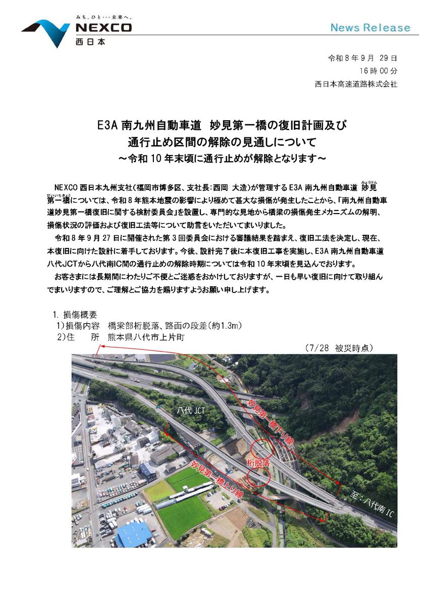 nekotanchan's tweet photo. 【南九州西回り自動車道〔 八代〜八代南〕が、令和１０年末 頃に通行止めが、解除になります‼️】
令和８年熊本地震で被災〔※妙見第一橋の甚大な損傷〕し、通行止めになっている〔八代〜八代南〕がNEXCO西日本の御尽力により、令和１０年末頃に本復旧する見通しとなりました。
感謝

〔追伸〕断層を挟んで、橋脚が 上がったり下がったり〔※上がり方、下がり方が 橋脚ごとに バラバラ 〕、さらに逆方向に 横ズレしており、
我が国で初めての複雑に被災した事例なので
慎重に幾つかの案を検討した結果、また 地震が発生した場合の安全性を考慮した設計にしたため、このくらいの年数が かかる事になったと聞いております。