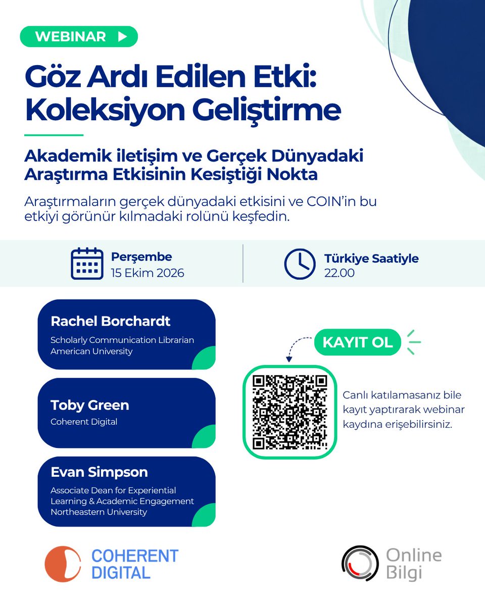 onlinebilgias's tweet photo. 📢 Araştırmaların gerçek dünyadaki etkisi nasıl görünür hale getirilebilir?
Coherent Digital & Choice360 webinarında araştırma etkisi, COIN ve kütüphanelerin rolü ele alınacak.
📅 15 Ekim 🕙 22.00
🎥 Kayıt sonradan izlenebilir.
🔗 https://t.co/wiv0PtNpPl
#CoherentDigital #COIN https://t.co/4F9oZh62Yu