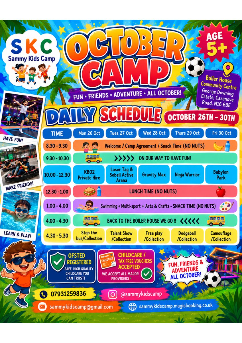 HackneyFIS's tweet photo. October Half-Term Camp 
Monday 26th October 2026 - Friday 30th October 2026
At the Boiler House Community Centre.
George Downing Estate, Cazenove road, N16 6BE
Monday October 26th-Friday October 30th
Operating from 8:30 - 5:30pm

 Secure your spot today:  https://t.co/jQZEccU4lf https://t.co/WcWjn3kyrD