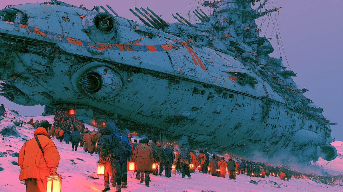 AutomationBrief's tweet photo. AUTOMATA — vol.010 — "the pilgrimage"

Year 50 of the Handover.
the guns went quiet before we were born.
every winter we climb to it with lanterns and hang our flags on its hull.
the old ones call it a weapon. we call it the mountain that remembers.

#AIart #conceptart #scifi https://t.co/zSTvAvhCj6