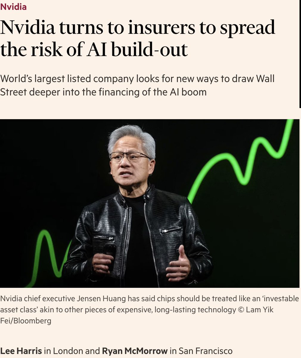AyeshaTariq's tweet photo. Jensen has been behind the idea that chips are an "investable asset class". 

We know he's going all out in creating financing structures for the chips, and now... he's looking to insure against losses. 

Why? Because the chips may not cover the value of the loans. 🧐

"One idea under discussion is insurance against losses on loans to upstart cloud computing companies, or “neoclouds”, if they default and the Nvidia chips pledged against their debt cannot be resold for enough to repay lenders." - FT