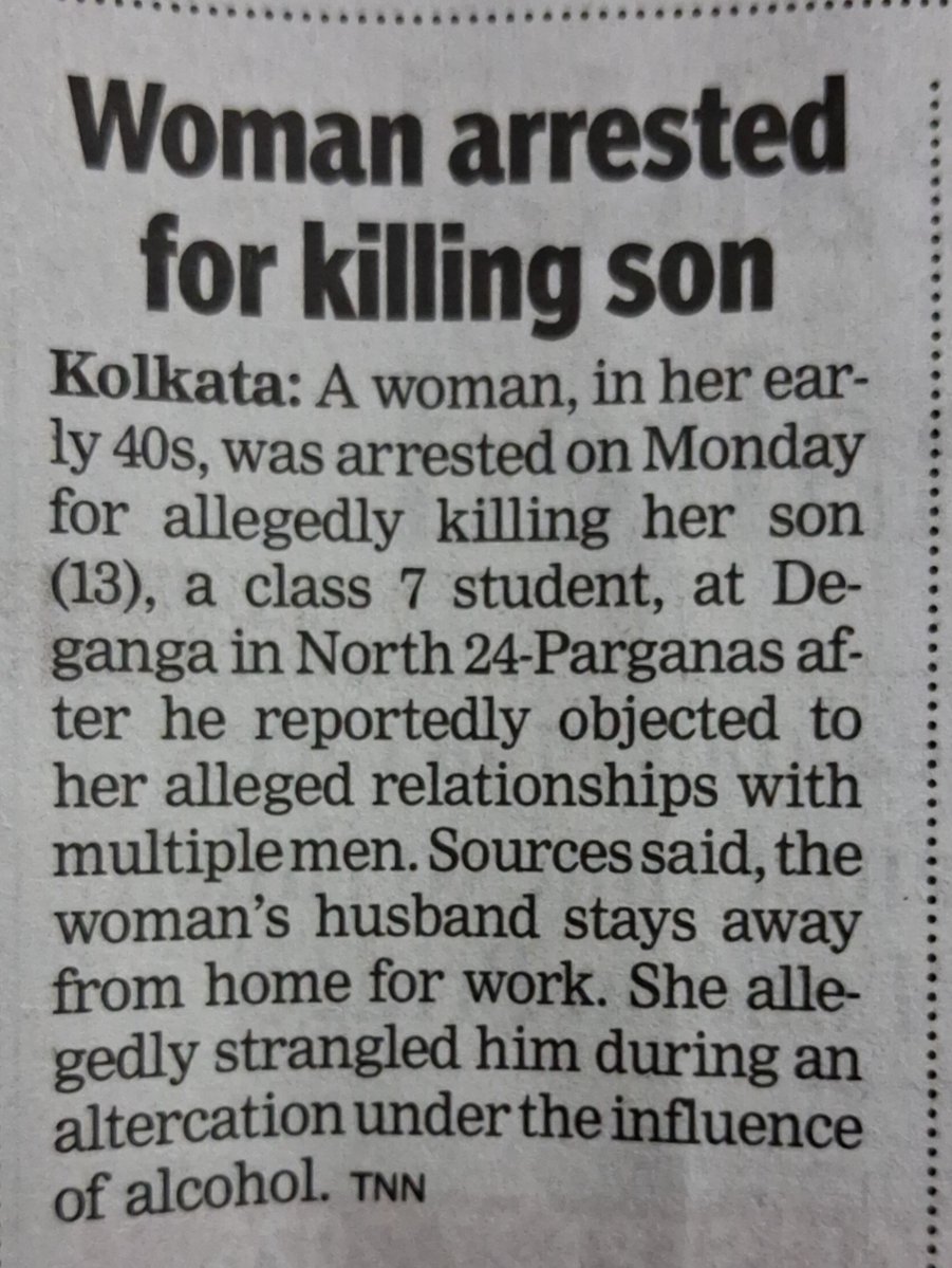 Maverickhealer's tweet photo. Such horrible crime by the woman and only a small 4th page news. Imagine the outrage..  had it been a man killing his daughter or son in the same circumstances. https://t.co/Rvt8ROrLwi