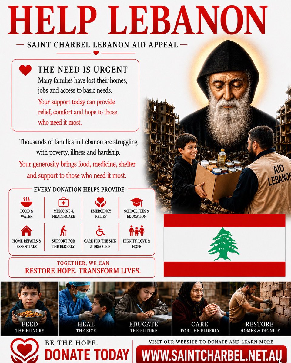 Saint__Charbel's tweet photo. HELP LEBANON 
Saint Charbel Lebanon is helping the homeless and poor people in Lebanon with medicine, medical operations, electricity, food, water, clothing, school fees and more.
You can donate or purchase a product on the website: 
https://t.co/Ta5tzkeuuV https://t.co/iH7wPpO8kQ