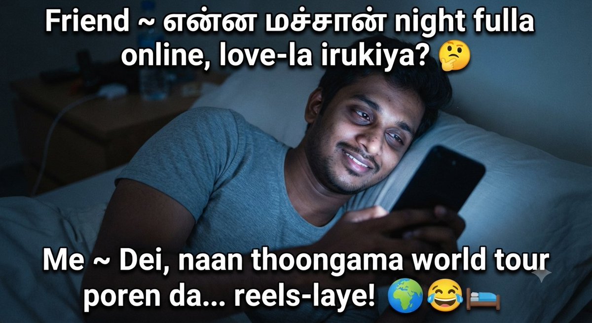 TamilVoiceTN's tweet photo. Friend: Enna machan night fulla online iruka  love ah"
Me: Dei, naane  thoongam varama  world tour poren da reels-laye! 🌍😂" https://t.co/qIqIJxdMSN